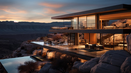 3d rendering of modern cozy house with parking and pool for sale or rent with beautiful landscaping on background. Clear sky at sunset.の写真素材