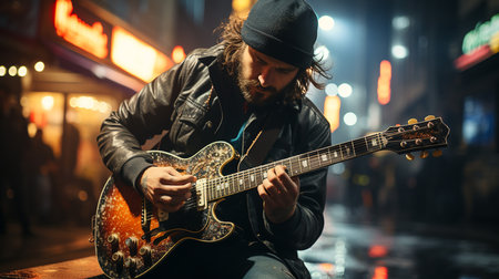 Street musician playing the guitar in the city at night, toned