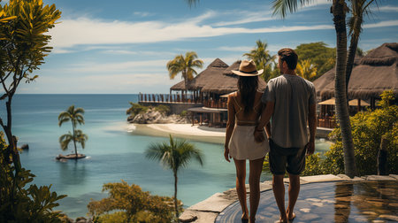 Back view of a young couple standing by the swimming pool and looking at the sea.