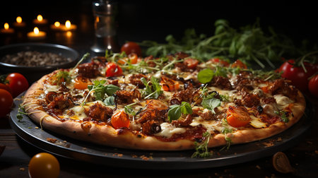 Pizza with meat, mushrooms and arugula on wooden tableの写真素材