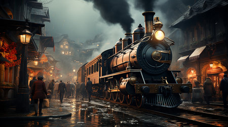 Steam locomotive in the old town at night. Steam locomotive.の写真素材