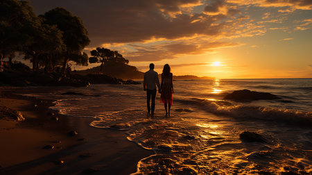 Silhouette of a young couple on the beach at sunset.の写真素材