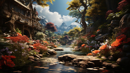 3D render of a fantasy garden with a pond full of flowersの写真素材