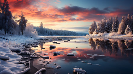 Frozen river at sunset. Beautiful winter landscape with frozen river.の写真素材