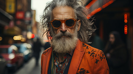 Portrait of an old man with long gray beard and mustache in orange jacket and sunglasses on the street.の写真素材
