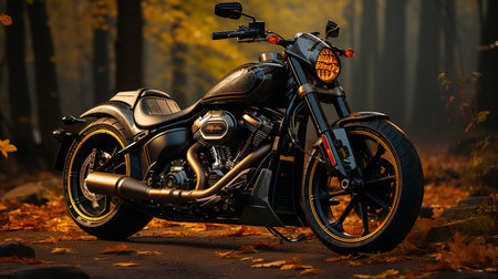 Motorcycle in the autumn forest. Photo in old color image style.の写真素材