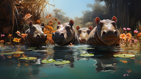 Hippos in the pond. 3D rendering. Computer digital drawing.の写真素材