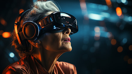 Portrait of a senior woman wearing virtual reality goggles. Future technology concept.の写真素材