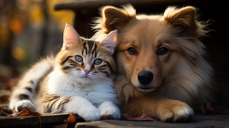 Cat and dog together in the autumn park. Pet care concept.の写真素材