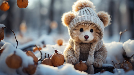 Cute teddy bear in the winter forest. Christmas background.
