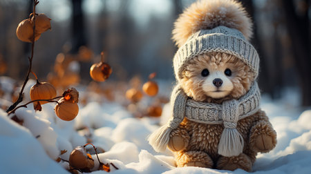 Teddy bear in a knitted hat and scarf in the winter forest.の写真素材