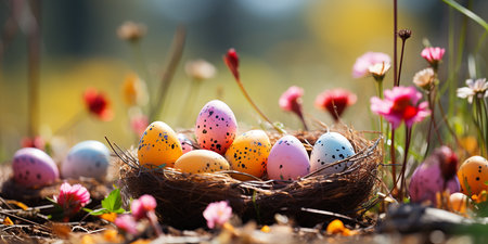 Colorful Easter eggs in a nest on a spring meadow