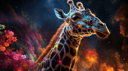 Giraffe in the wild at night. 3D illustrations.の写真素材