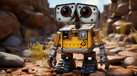 3D CG rendering of robot in the desert. High resolution image.