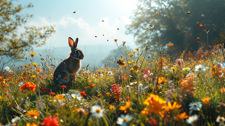 Rabbit on a meadow with wildflowers at sunrise.の写真素材