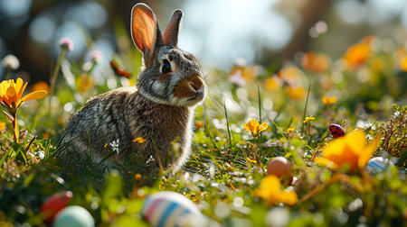 Easter bunny in the meadow with flowers and easter eggs