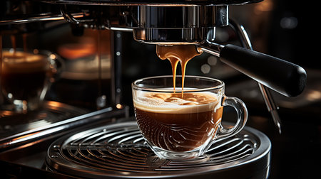 Coffee machine making cappuccino in a glass cupの写真素材