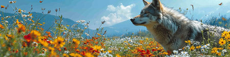 Panoramic banner of a wild wolf in a field of flowers.
