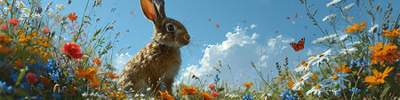 Easter bunny on meadow with flowers and butterflies. panoramaの写真素材