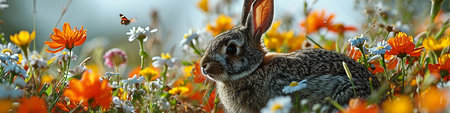 Rabbit in the spring meadow with flowers. Easter background.