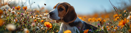 Cute Beagle puppy in blooming spring meadow. panoramaの写真素材