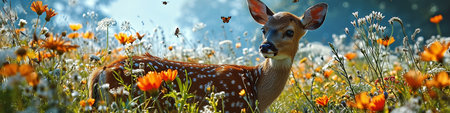 Wild deer in the meadow with flowers, panoramic viewの写真素材