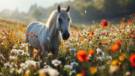 Beautiful white horse in the field of poppies at sunsetの写真素材