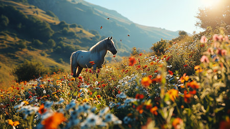 White horse in the meadow with wildflowers at sunset.の写真素材