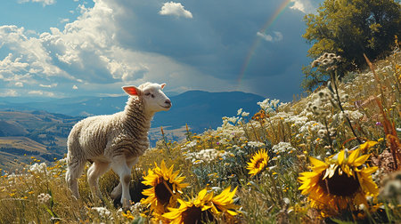 Sheep in the meadow with sunflowers and rainbow.の写真素材