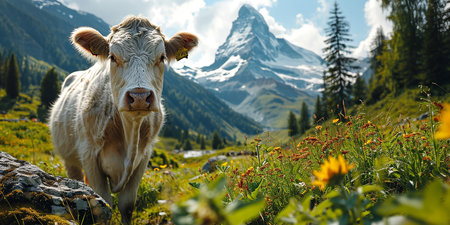 Cow on the background of Matterhorn. Zermatt, Switzerlandの写真素材