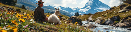 Sheep in the high alpine meadows of the Swiss Alpsの写真素材
