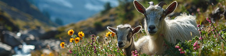 Goats on a mountain meadow with wildflowers. panoramaの写真素材