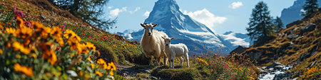 Panoramic view of the Matterhorn and sweeps in the Swiss Alpsの写真素材