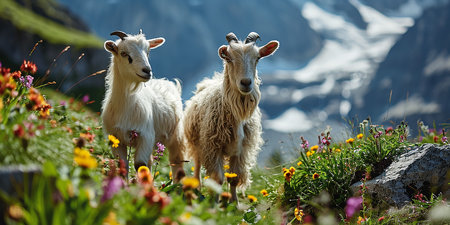 Two goats on the alpine meadow in the Swiss Alps.