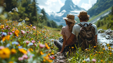 Back view of young couple sitting on mountain meadow with wildflowersの写真素材