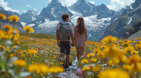 Couple hiking in the alpine meadow with sunflowersの写真素材