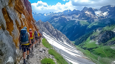 Group of hikers on a trail in the Dolomites, Italyの写真素材