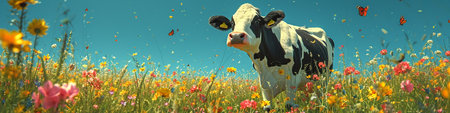 Cow on the meadow with poppies and butterflies. panoramaの写真素材
