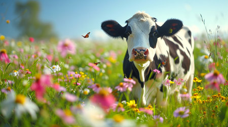 Cows grazing in a meadow with flowers and daisiesの写真素材