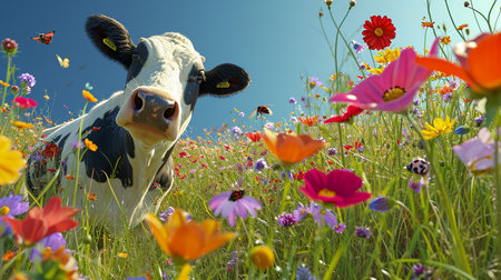 Cow on a meadow with colorful flowers and blue sky in the backgroundの写真素材