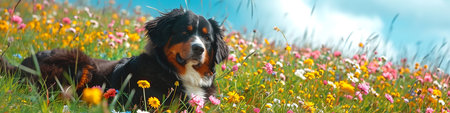 Bernese mountain dog in the meadow with flowers. panoramaの写真素材