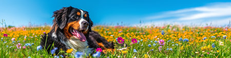 Bernese mountain dog on a meadow with flowers and blue skyの写真素材