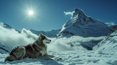 Siberian husky in the mountains against the background of Matterhornの写真素材