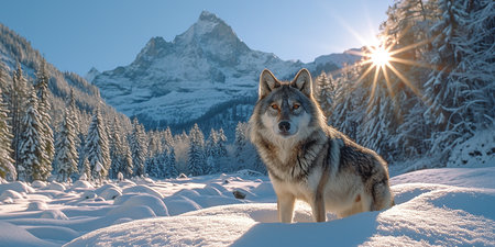 A wolf in the mountains on a sunny winter day. 3d rendering