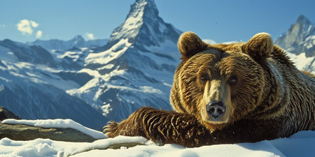 Grizzly bear on the snow in the Swiss Alps.