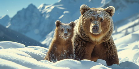 Two brown bear cubs in the snow in winter forest. Wildlife sceneの写真素材