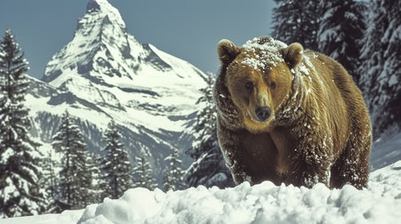 Brown bear on the background of the snowy mountains. Winter landscape.の写真素材