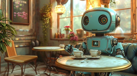 The robot is sitting in a cafe and drinking coffee. 3d rendering.の写真素材