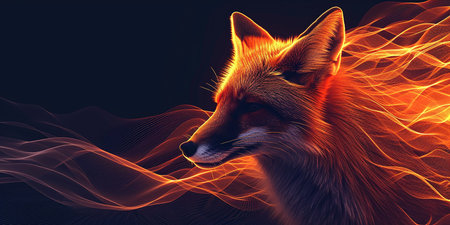Red fox head with fire effect on dark background. 3D rendering