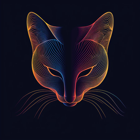 Vector illustration of a stylized head of a cat on a dark background.の写真素材
